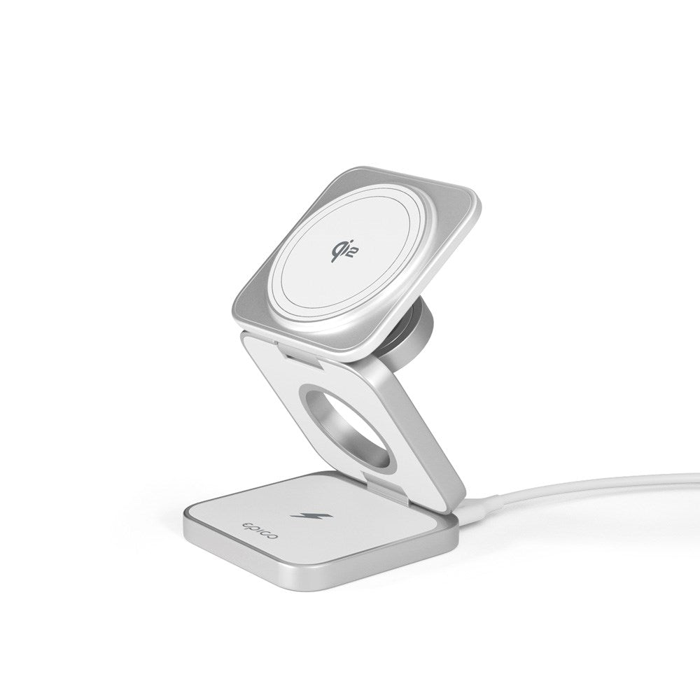 3-i-1 trådløs lader - Epico UltraBase Qi2 Fold Alu Mag+ - MagSafe-kompatibel - Hvit