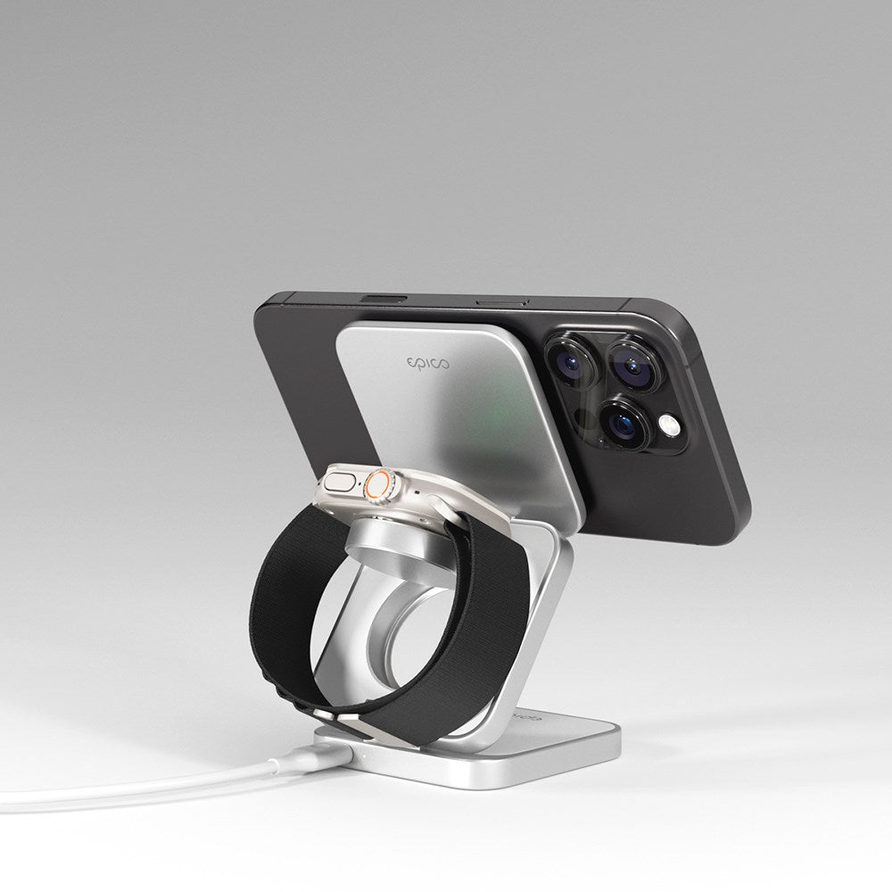 3-i-1 trådløs lader - Epico UltraBase Qi2 Fold Alu Mag+ - MagSafe-kompatibel - Hvit