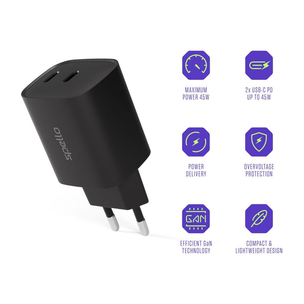 Spello 45W PD Vægoplader m. 2 x USB-C - Sort
