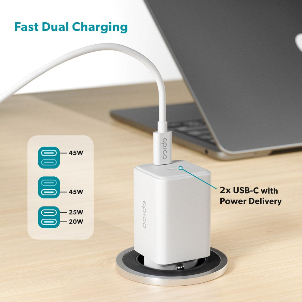 Epico UltraBoost GaN 45W Vegglader m. 2x USB-C - Hvit
