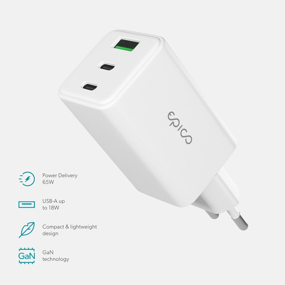 Epico UltraBoost GaN 65W Vegglader m. 2x USB-C / 1x USB-A - Hvit