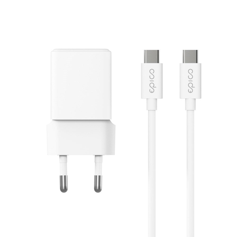 Epico UltraBoost GaN 20W vegglader - 1,2 m USB-C til USB-C-kabel - 1x USB-C / 1x USB-A - Hvit