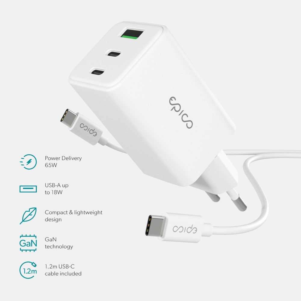 Epico UltraBoost GaN 65W vegglader - 1,2 m USB-C til USB-C-kabel - 2x USB-C / 1x USB-A - Hvit