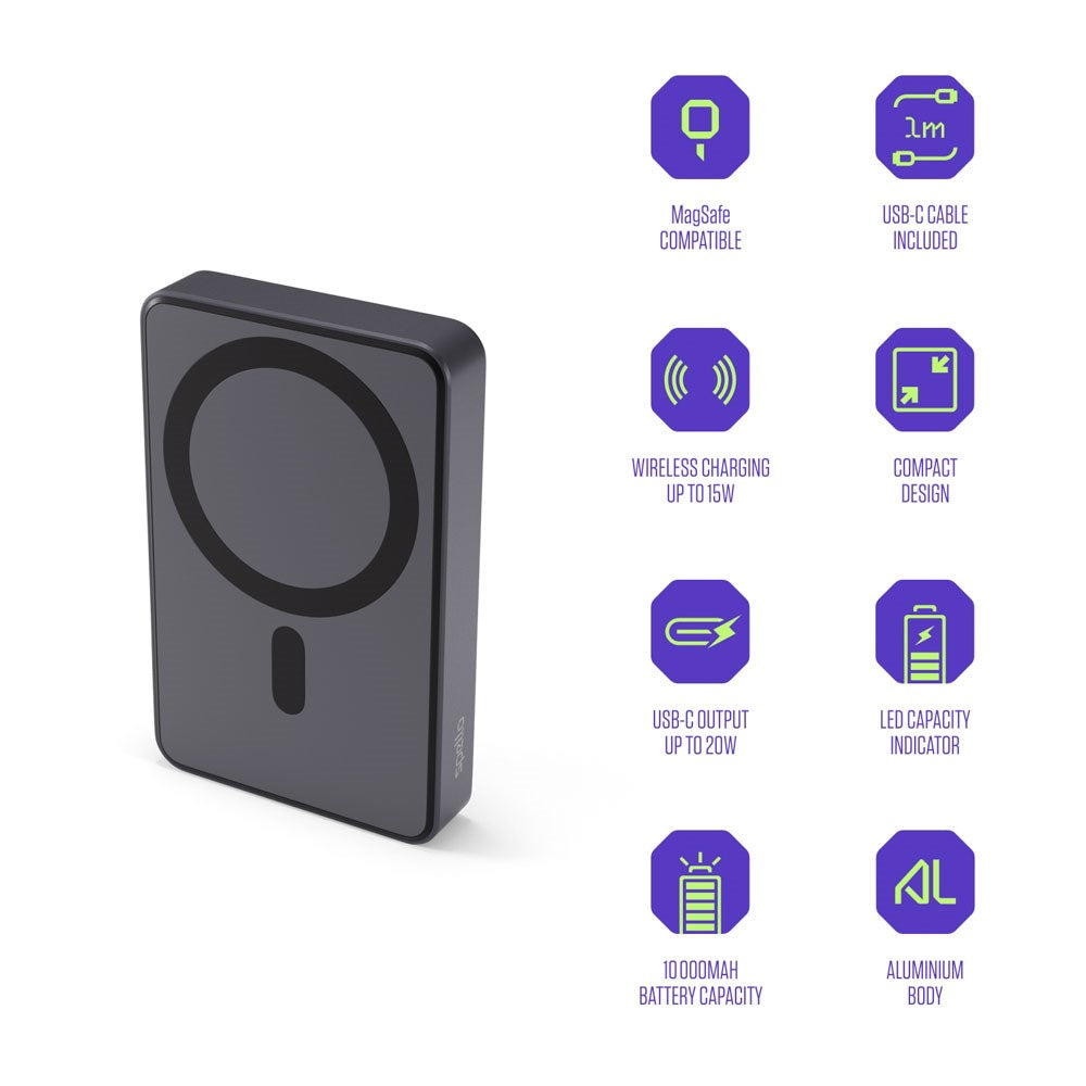 Spello ForcePack 10.000mAh Power Bank 15W m. USB-C - MagSafe Kompatibel - Mørkegrå