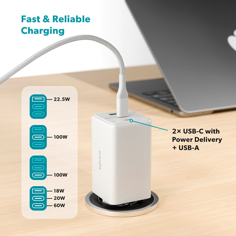 Epico - UltraBoost GaN 100W Vægoplader - 2x USB-C & 1x USB-A - Hvid