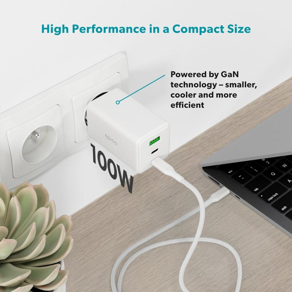 Epico UltraBoost GaN 100W Vægoplader - 1.2m USB-C til USB-C Kabel - 2x USB-C / 1x USB-A - Hvid