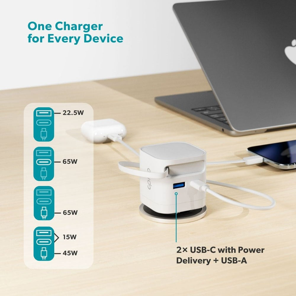 Epico UltraBoost Vægoplader - USB-C / USB-A / Udtrækkeligt USB-C Kabel - 65W - Hvid