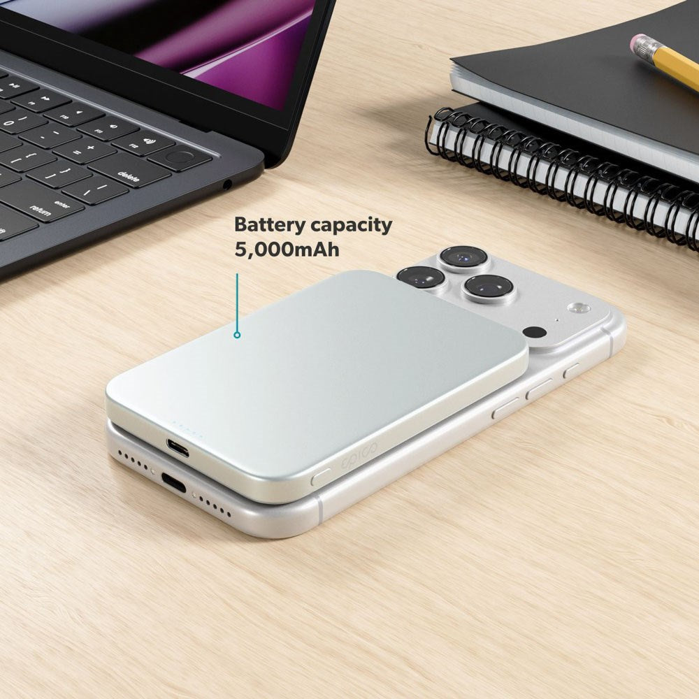 Epico 15W UltraPack EM51 5000 mAh Slim Alu Mag+ Power Bank - m. USB-C - Qi2 / MagSafe Kompatibel - Silver