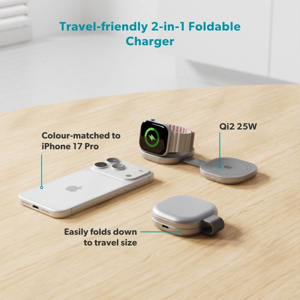 Epico UltraBase Trådløs Oplader - Foldbar - 25W - Smartphone / Apple Watch - MagSafe / Qi2 Kompatibel - Sølv