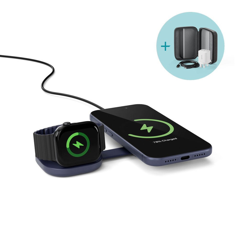 Epico UltraBase Trådløs Oplader - Foldbar - 25W - Smartphone / Apple Watch - MagSafe / Qi2 Kompatibel - Mørkeblå