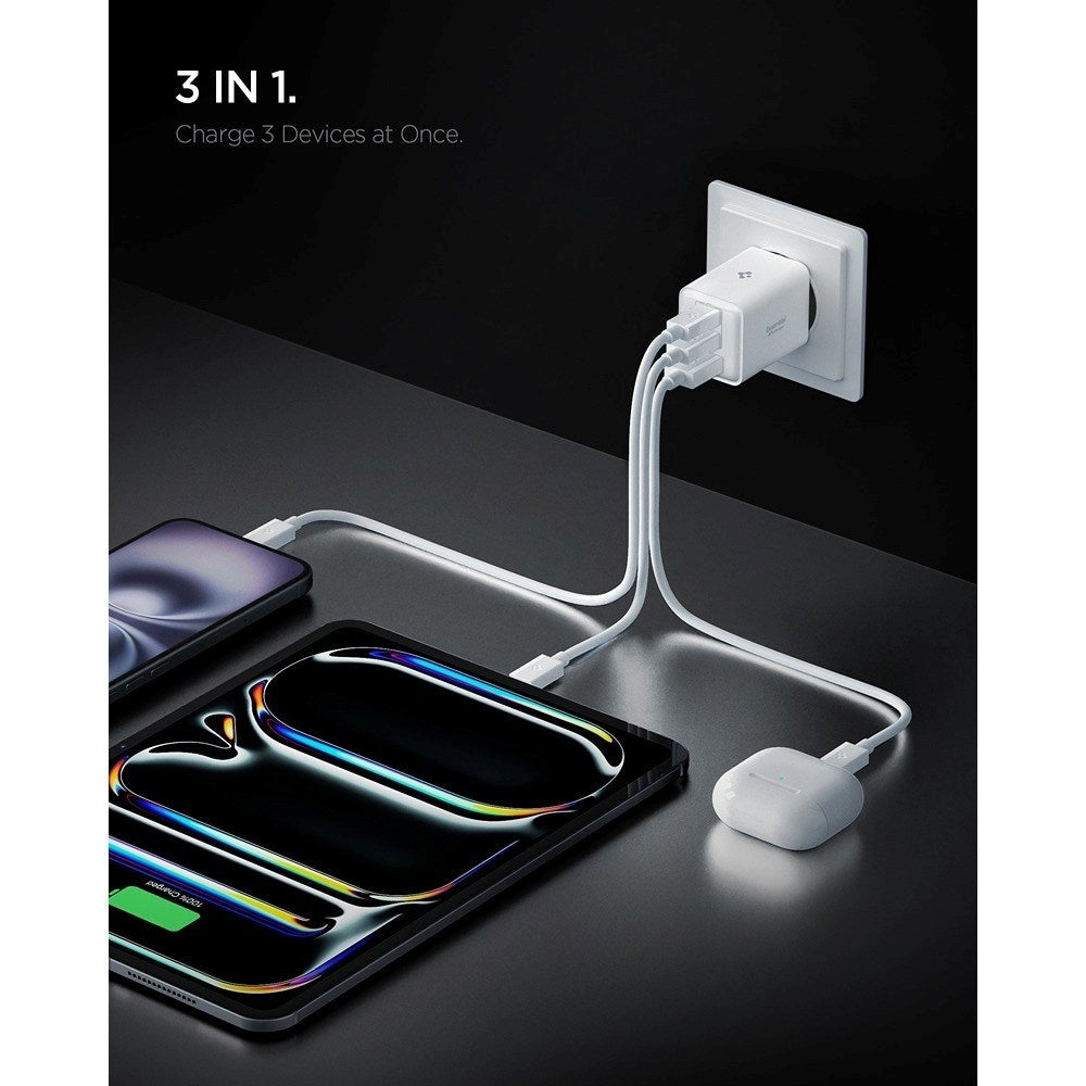 Spigen 47W Vægoplader - 2 x USB-C & 1 x USB-A - Hvid