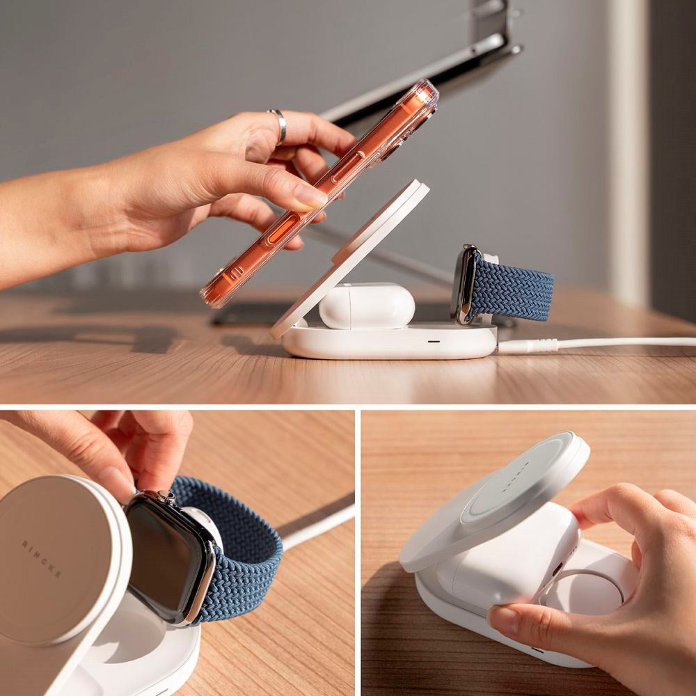 Ringke - 3-i-1 Qi2 25W Trådløs Oplader - Foldbar - MagSafe Kompatibel - Hvid