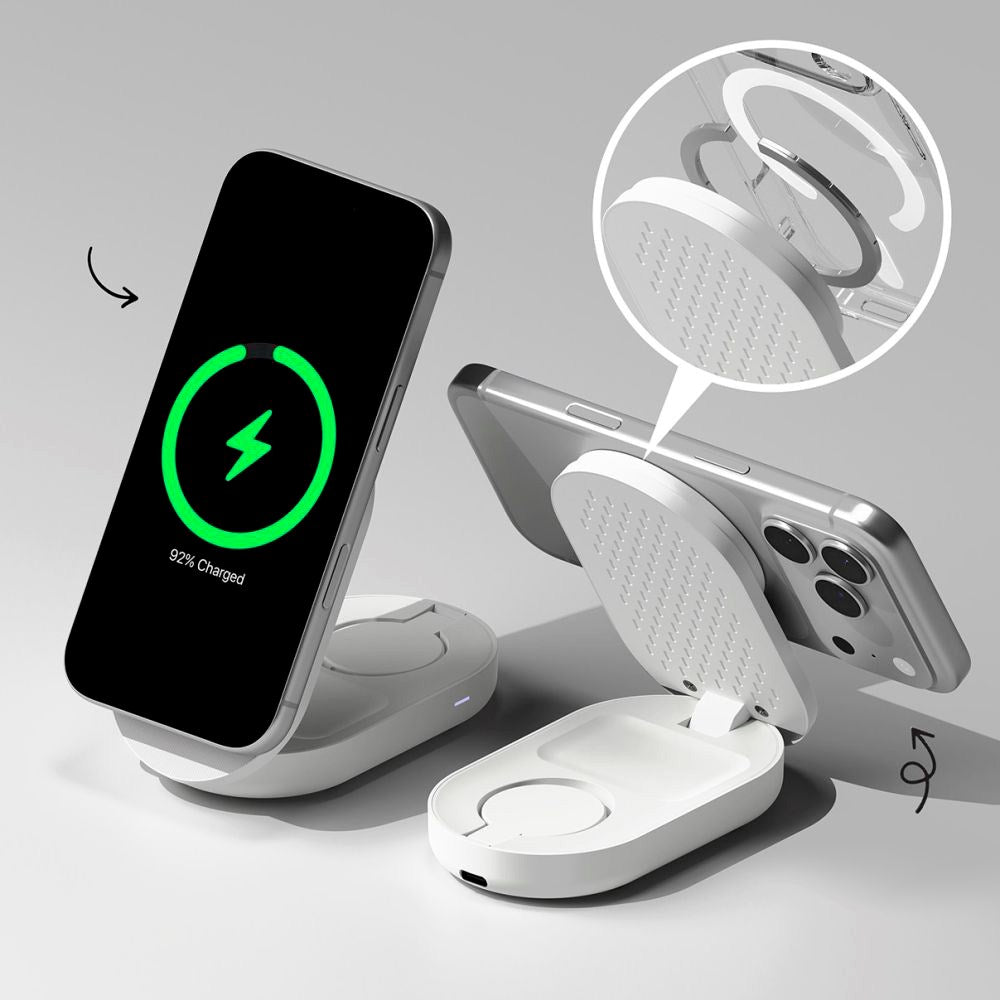 Ringke - 3-i-1 Qi2 25W Trådløs Oplader - Foldbar - MagSafe Kompatibel - Hvid