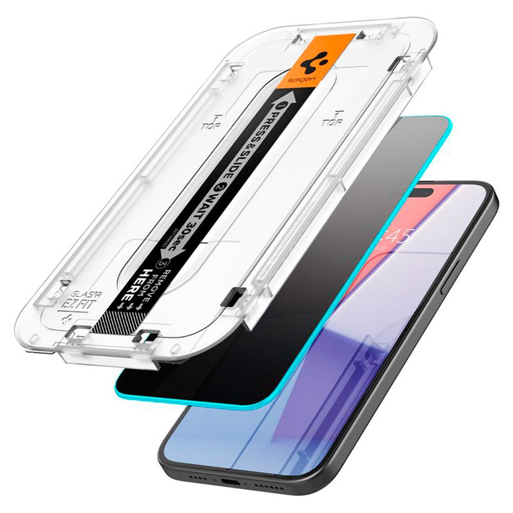 iPhone 15 / 16 Spigen EZ Fit Glas.tR Skjermbeskytter 2. Del - Personvernfilter - Veskevennlig - Gjennomsiktig
