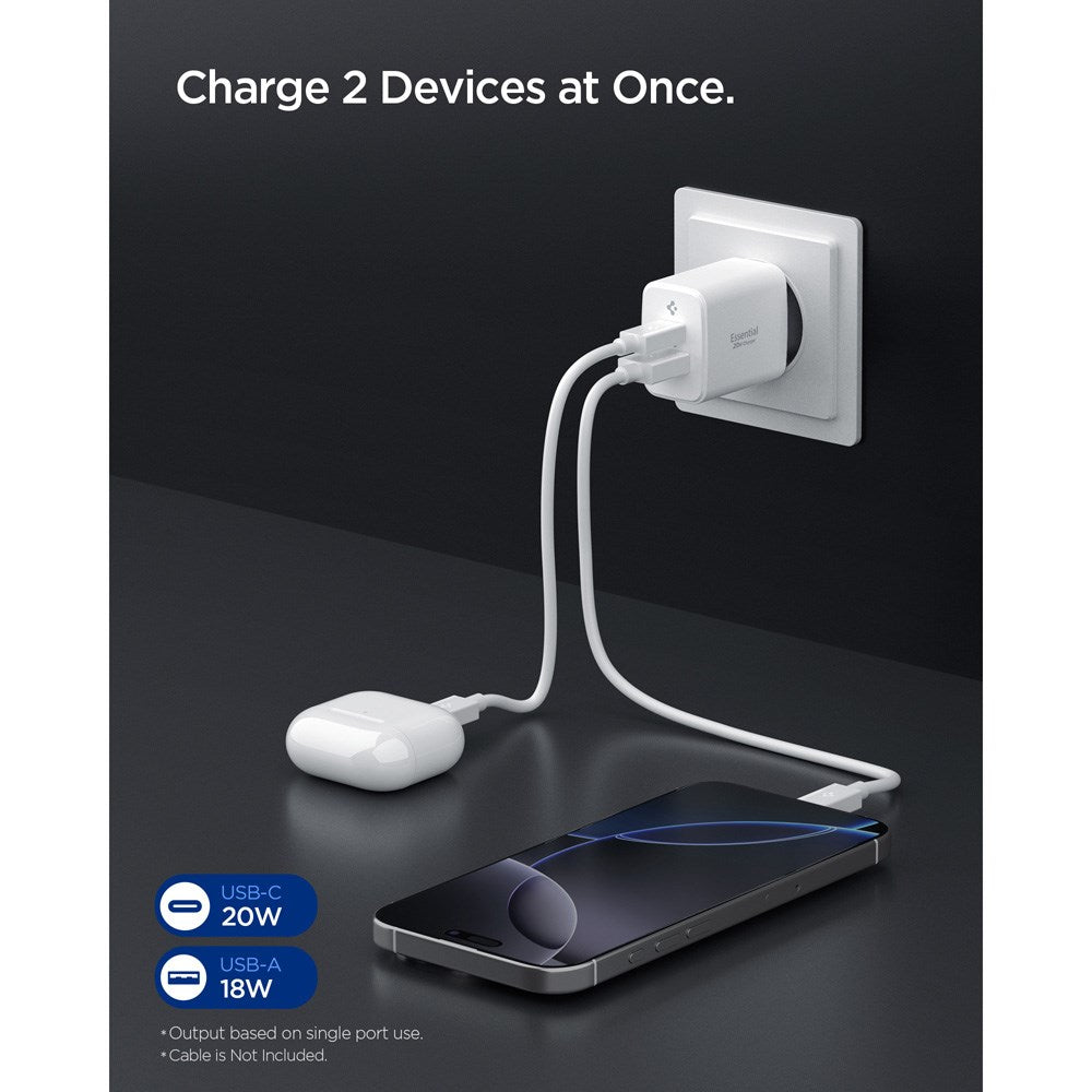 Spigen 20W Vægoplader - 1 x USB-C & 1 x USB-A - Hvid