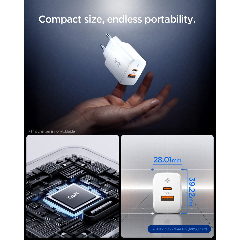 Spigen 20W Vægoplader - 1 x USB-C & 1 x USB-A - Hvid
