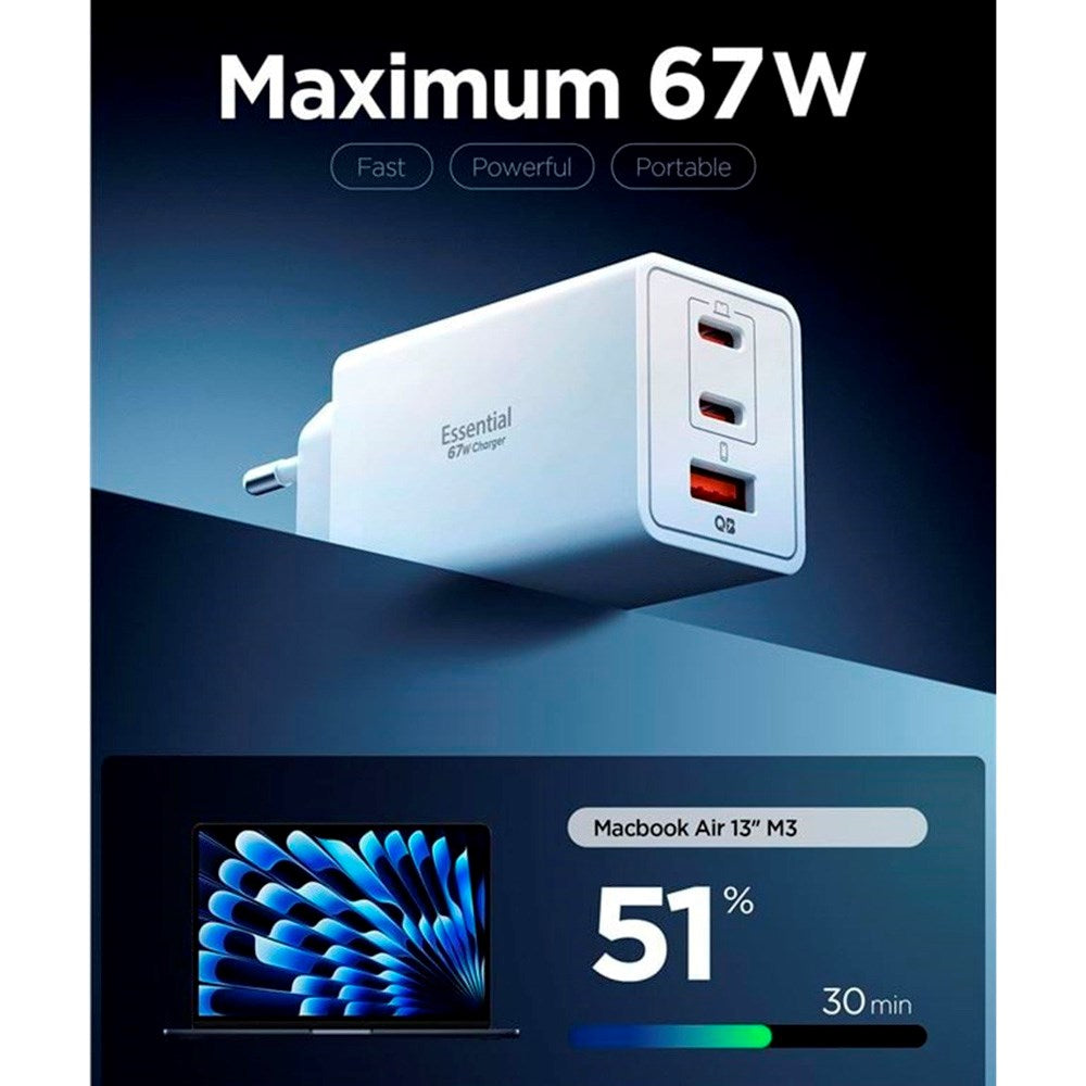 Spigen - 67W Vægoplader - 2x USB-C & 1x USB-A - Hvid