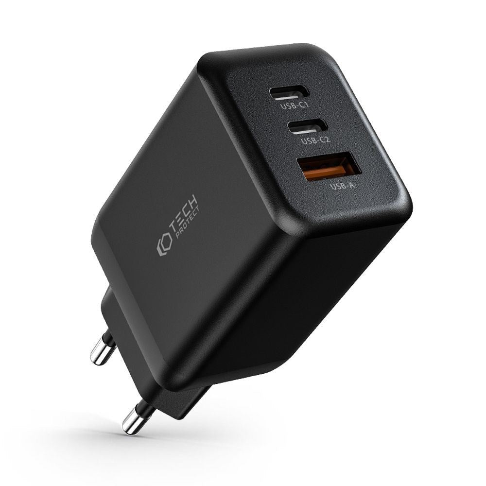 Tech-Protect NC PD 65W Vegglader m. 2 x USB-C og 1 x USB-A - Svart