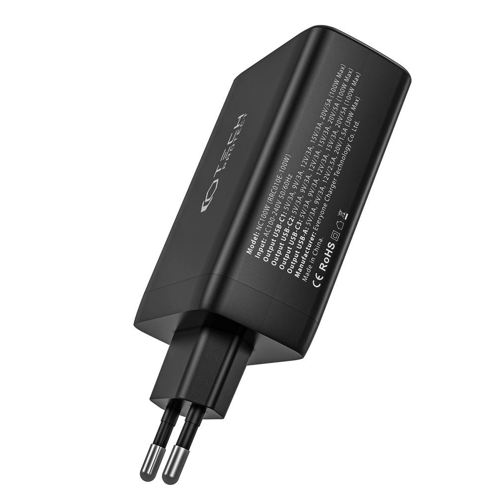 Tech-Protect Network PD GaN 100W Vegglader m. 3 x USB-C og 1 x USB-A - Svart