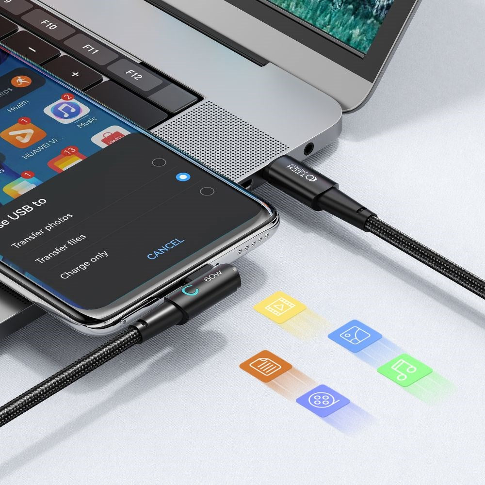 Tech-Protect Ultraboost vinklet USB-C til USB-C-kabel 60W/6A 2m - Svart