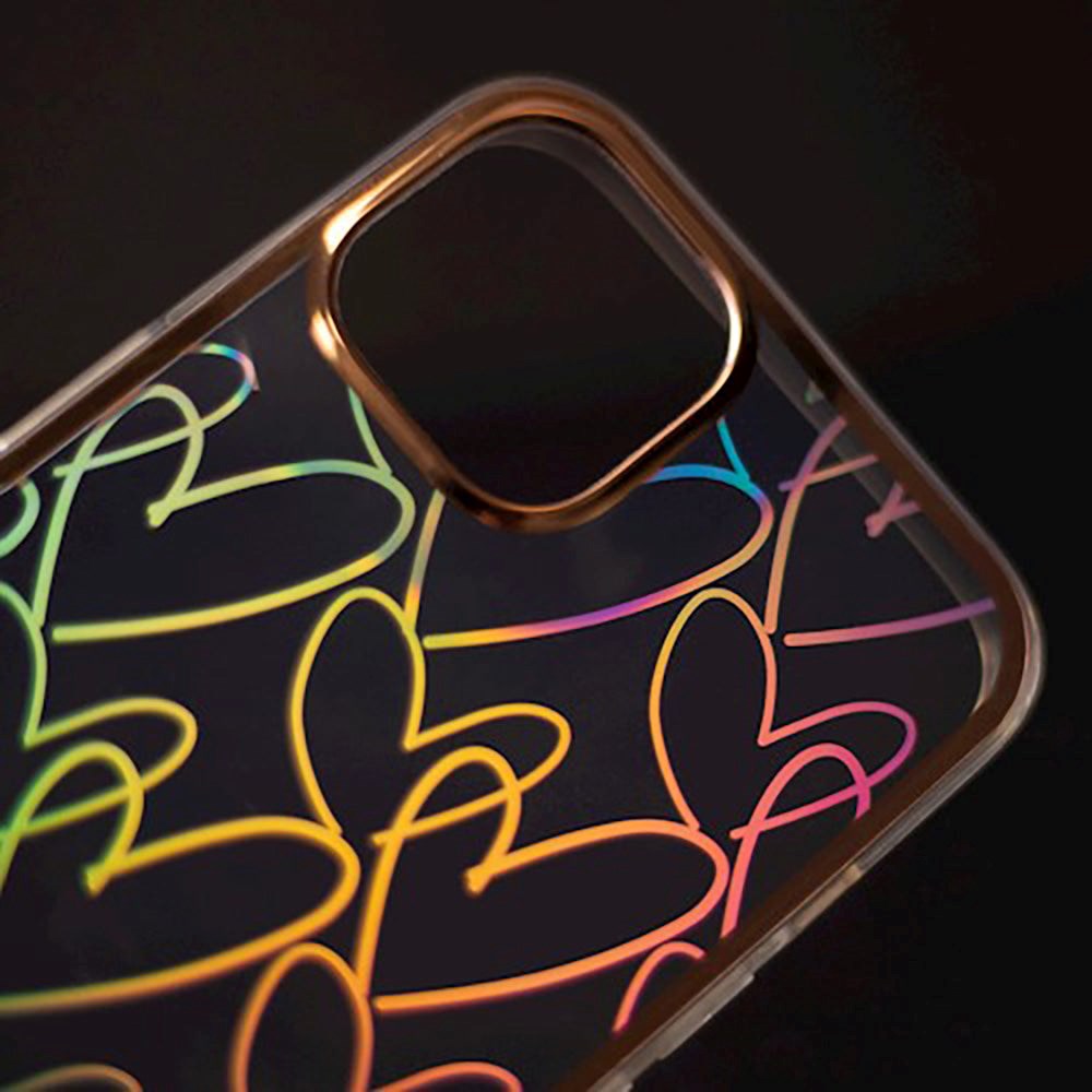 iPhone 13 Pro Hybrid Plastic Bakdeksel m. Holografisk trykk - Hjertemotiv - Gjennomsiktig