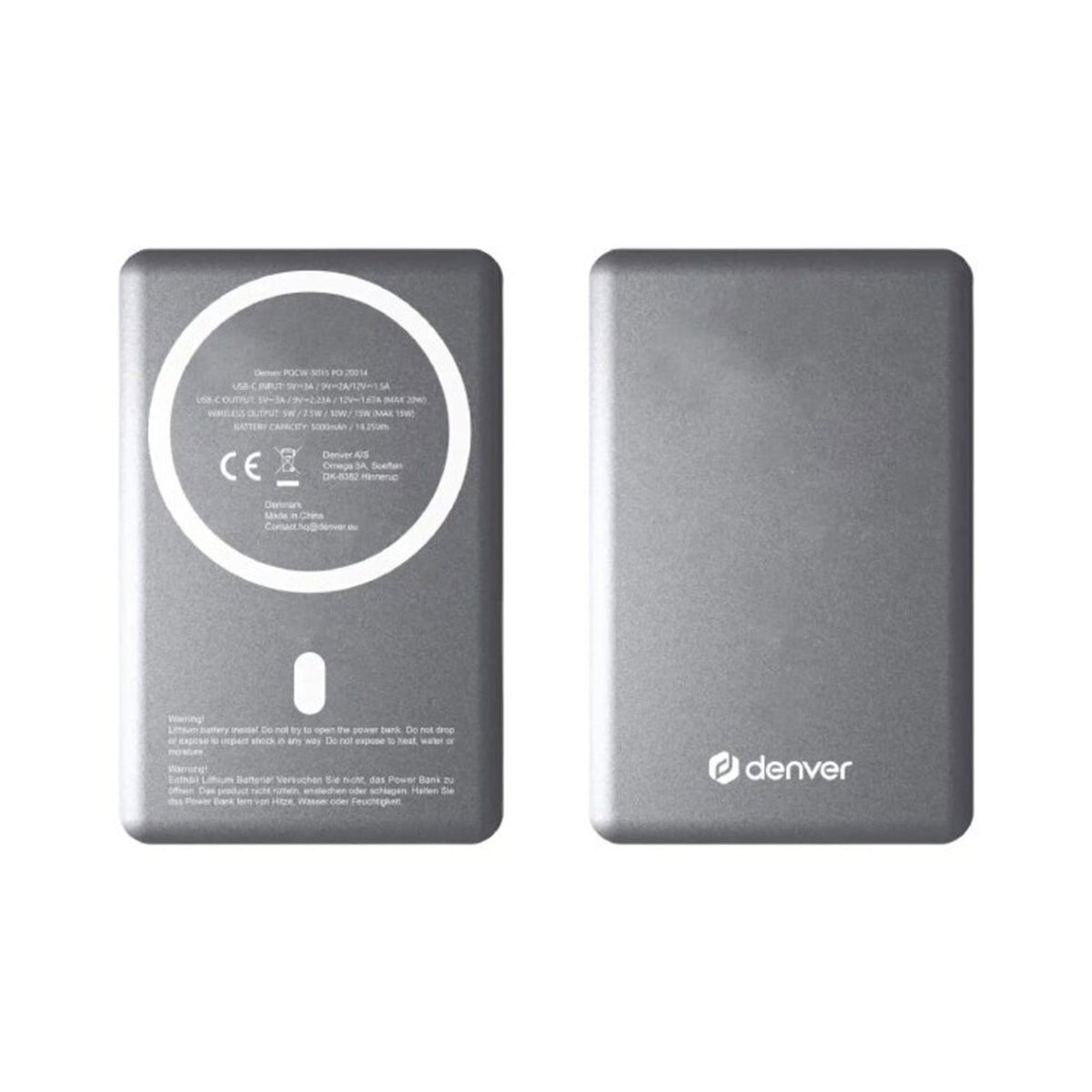 Denver PQCW-10015 Trådløs PowerBank - 15W / 10.000 mAh - MagSafe Kompatibel - Grå