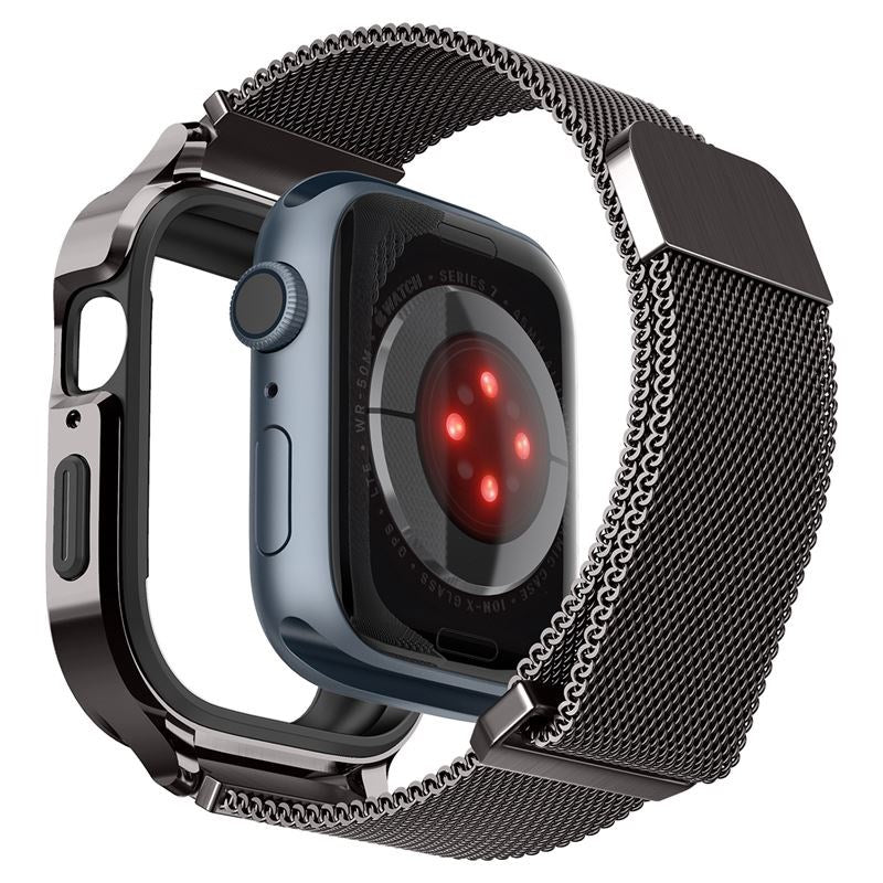 Apple Watch (44/45) Spigen Metal Fit Pro - Aluminium Cover og Rem af Rustfri Stål - Sort