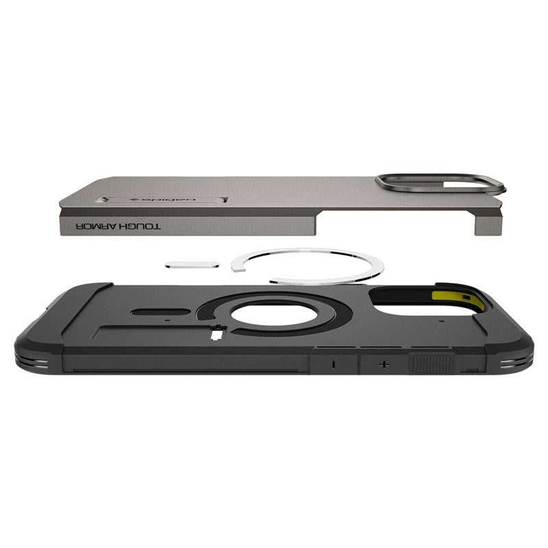 iPhone 16 Pro Max Spigen Tough Armor-deksel m. Stativ - MagSafe-kompatibel - Gunmetal