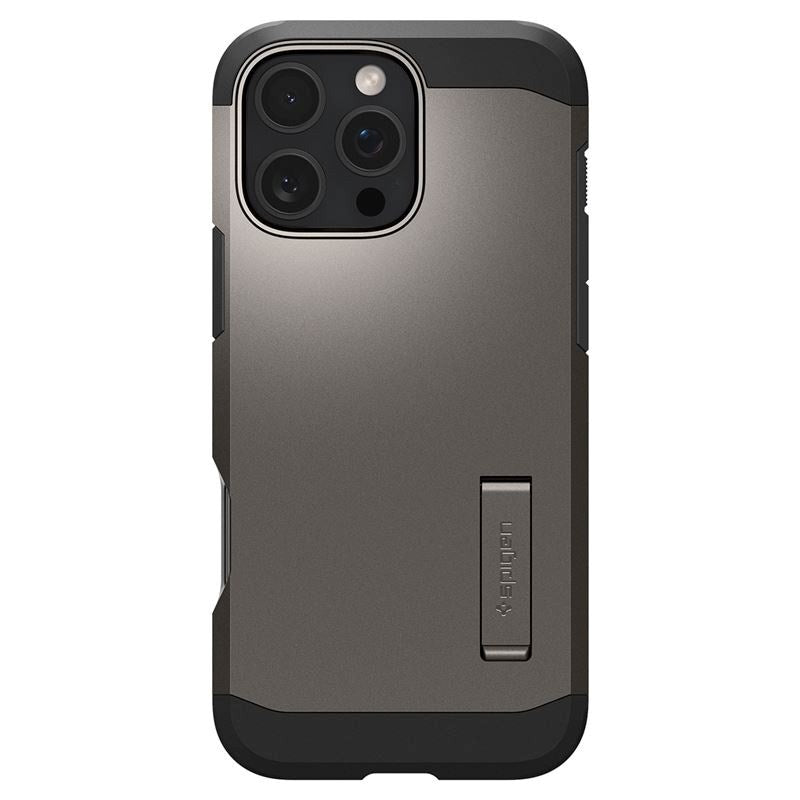 iPhone 16 Pro Max Spigen Tough Armor-deksel m. Stativ - MagSafe-kompatibel - Gunmetal