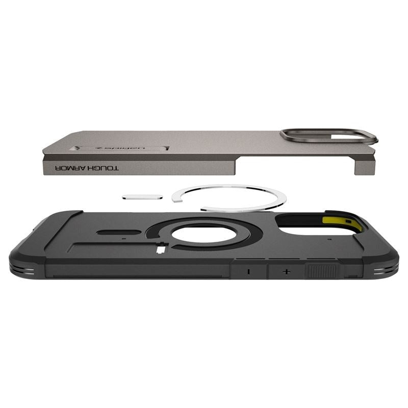 iPhone 16 Pro Spigen Tough Armor-deksel m. Stativ - MagSafe-kompatibel - Gunmetal