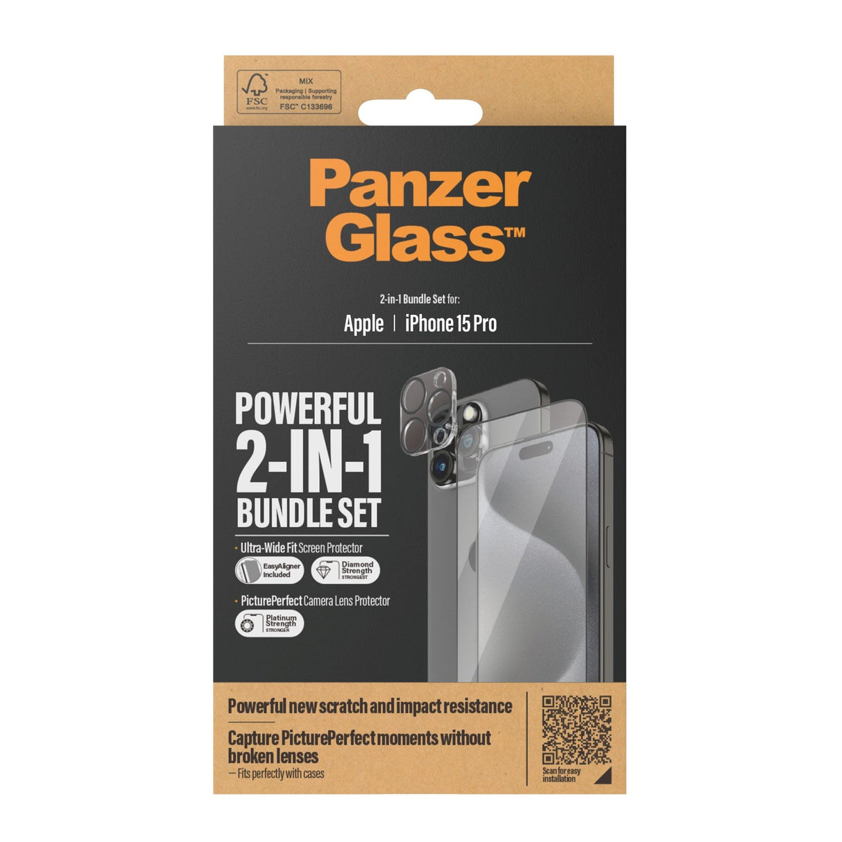 iPhone 15 Pro PanzerGlass 2-i-1-pakke m. EasyAligner - Skjermbeskytter / Kamerabeskytter - Gjennomsiktig / Svart