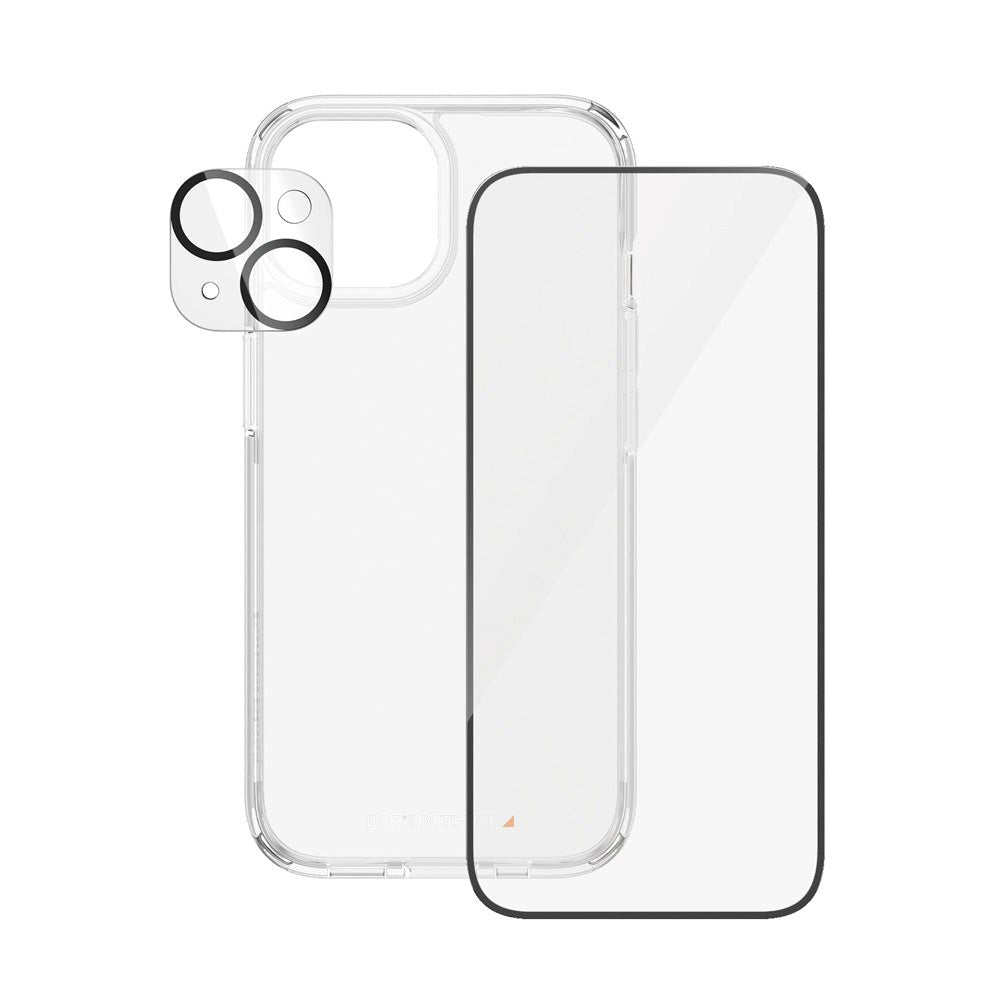 iPhone 15 PanzerGlass 3-i-1-pakke m. EasyAligner - Skjermbeskytter (UWF) / Bakdeksel / Kamerabeskyttelse - Gjennomsiktig / Svart
