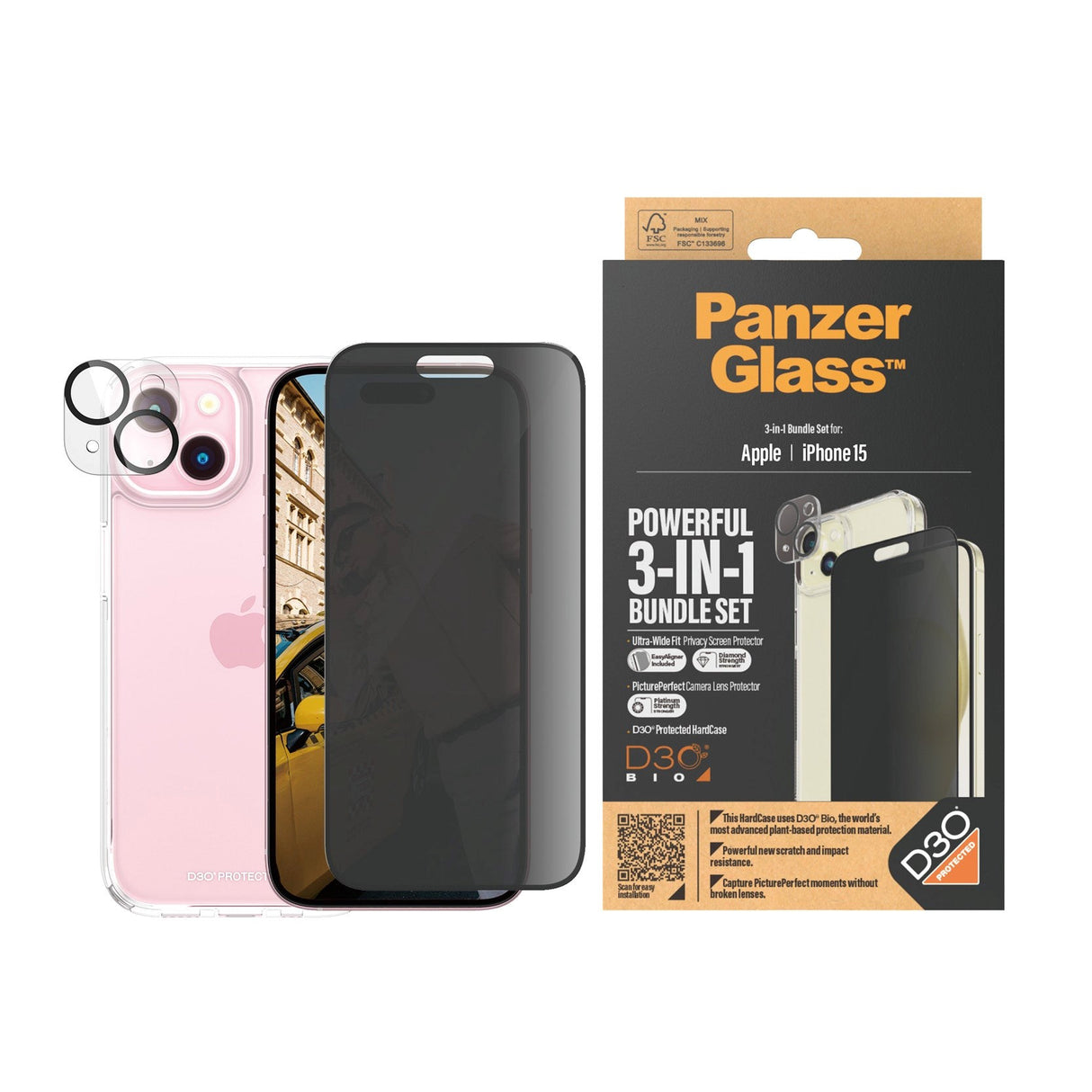 iPhone 15 PanzerGlass 3-i-1-pakke m. EasyAligner - Privacy Screen Protector (UWF) / Bakdeksel / Kamerabeskyttelse - Gjennomsiktig / Svart