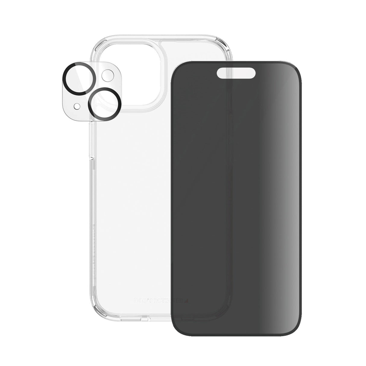 iPhone 15 PanzerGlass 3-i-1-pakke m. EasyAligner - Privacy Screen Protector (UWF) / Bakdeksel / Kamerabeskyttelse - Gjennomsiktig / Svart