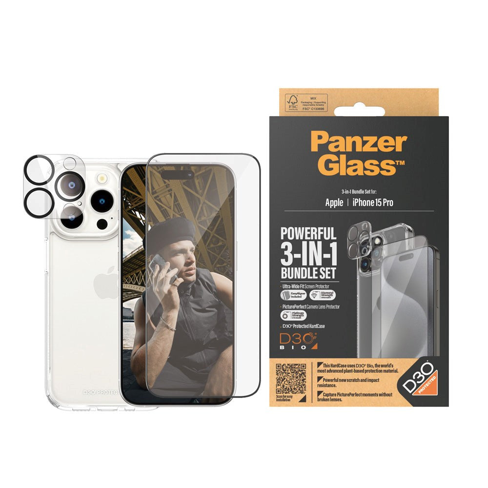 iPhone 15 Pro PanzerGlass 3-i-1-pakke m. EasyAligner - Skjermbeskytter (UWF) / Bakdeksel / Kamerabeskyttelse - Gjennomsiktig / Svart
