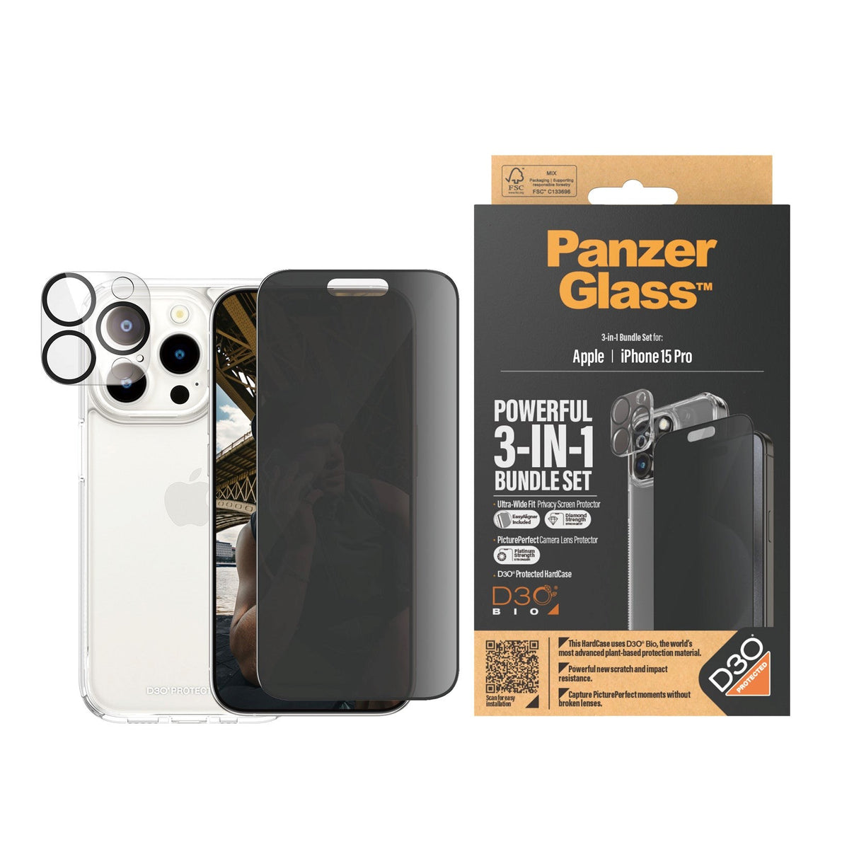 iPhone 15 Pro PanzerGlass 3-i-1-pakke m. EasyAligner - Privacy Screen Protector (UWF) / Bakdeksel / Kamerabeskyttelse - Gjennomsiktig / Svart