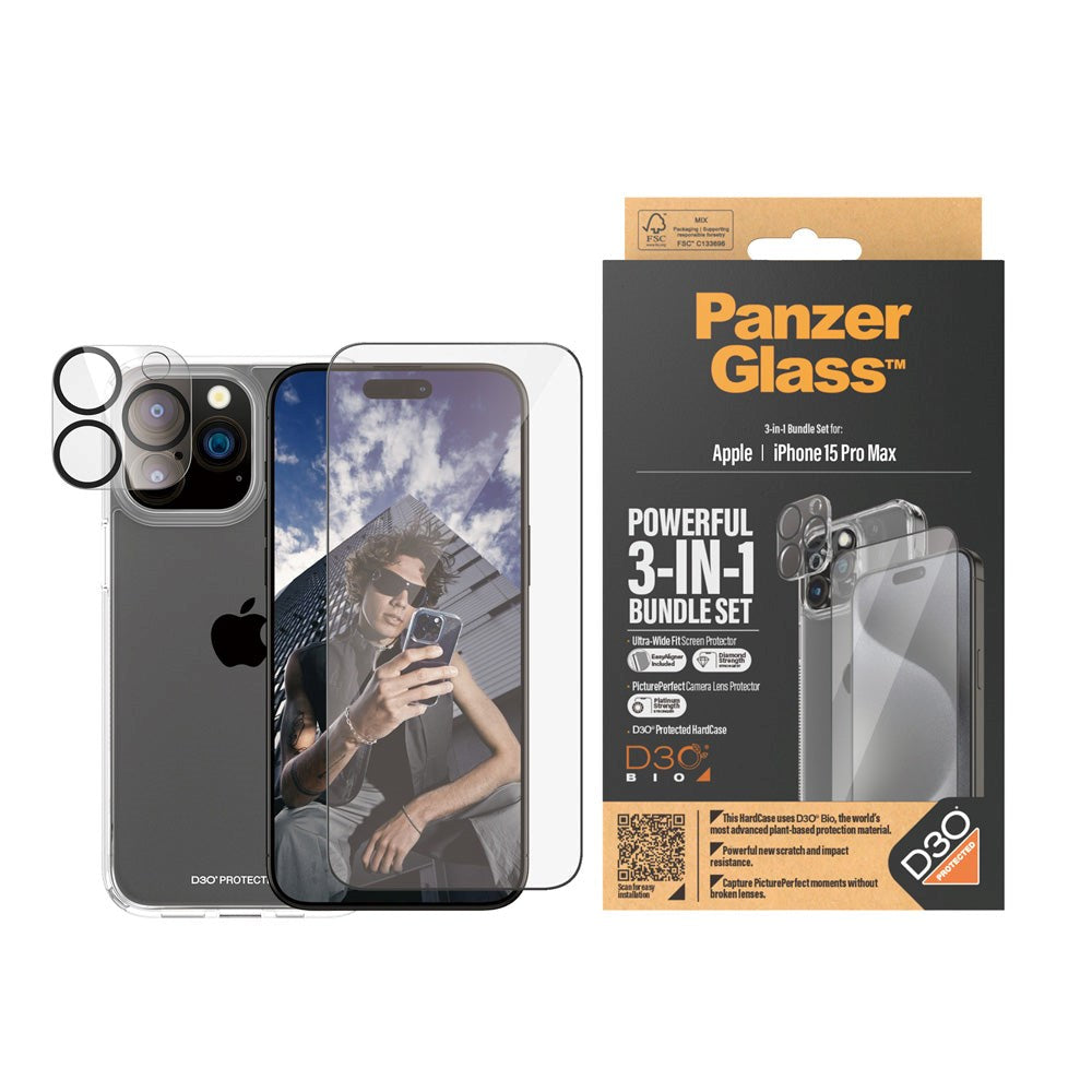iPhone 15 Pro Max PanzerGlass 3-i-1-pakke m. EasyAligner - Skjermbeskytter (UWF) / Bakdeksel / Kamerabeskyttelse - Gjennomsiktig / Svart