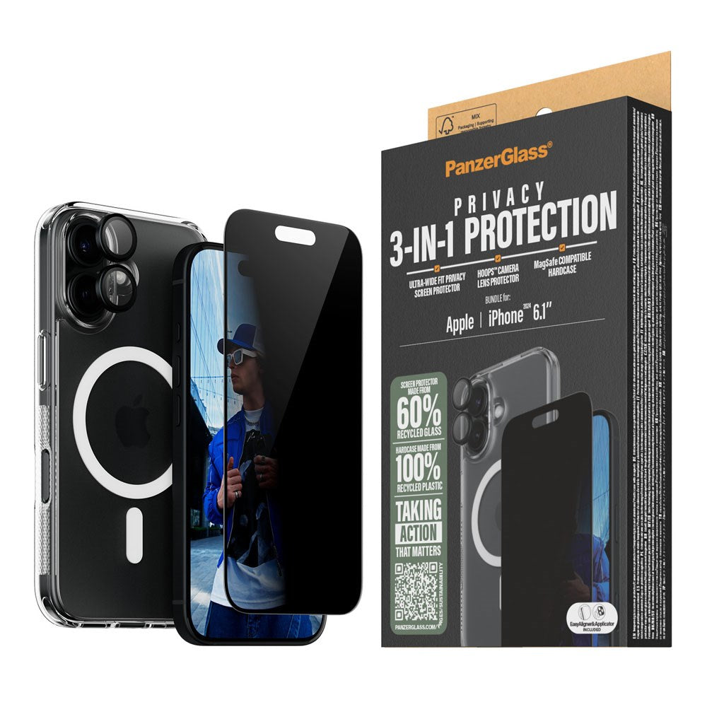 iPhone 16 PanzerGlass 3-i-1-pakke m. EasyAligner - Privacy Screen Protector (UWF) / Bakdeksel / Kamerabeskyttelse - Gjennomsiktig / Svart