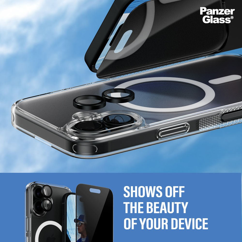 iPhone 16 PanzerGlass 3-i-1-pakke m. EasyAligner - Privacy Screen Protector (UWF) / Bakdeksel / Kamerabeskyttelse - Gjennomsiktig / Svart