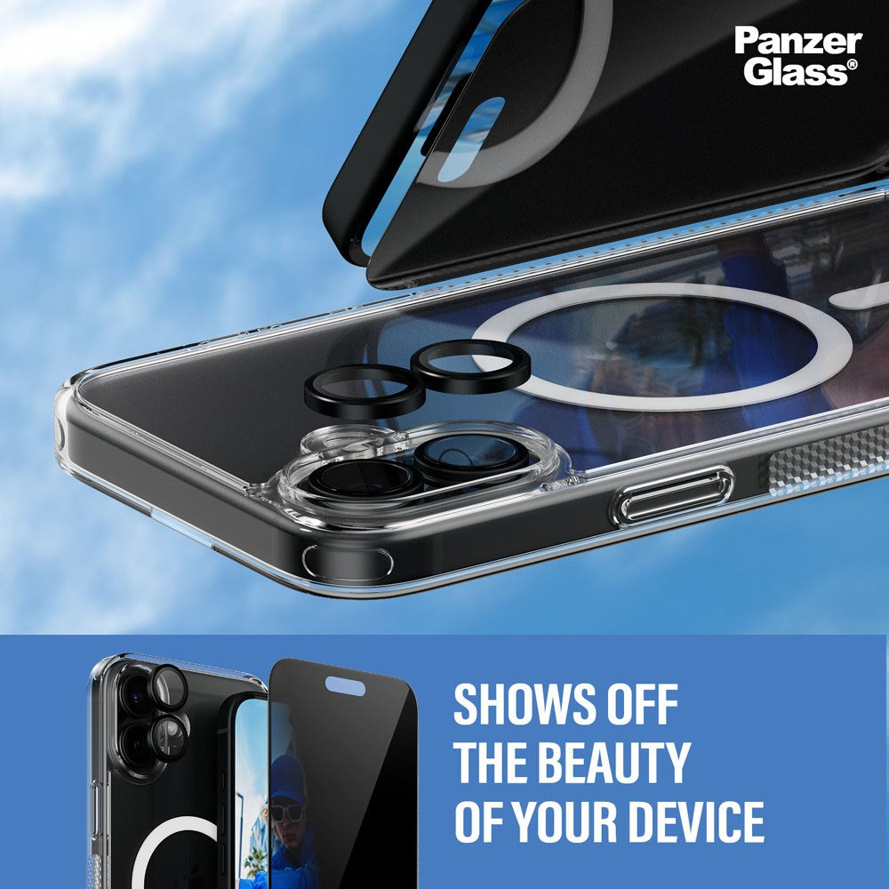 iPhone 16 Plus PanzerGlass 3-i-1-pakke m. EasyAligner - Privacy Screen Protector (UWF) / Bakdeksel / Kamerabeskyttelse - Gjennomsiktig / Svart