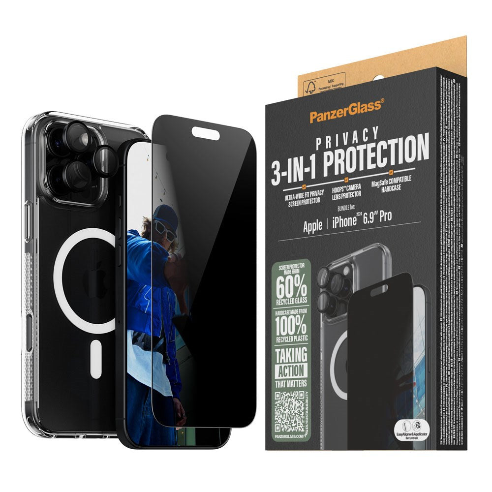 iPhone 16 Pro Max PanzerGlass 3-i-1-pakke m. EasyAligner - Privacy Screen Protector (UWF) / Bakdeksel / Kamerabeskyttelse - Gjennomsiktig / Svart