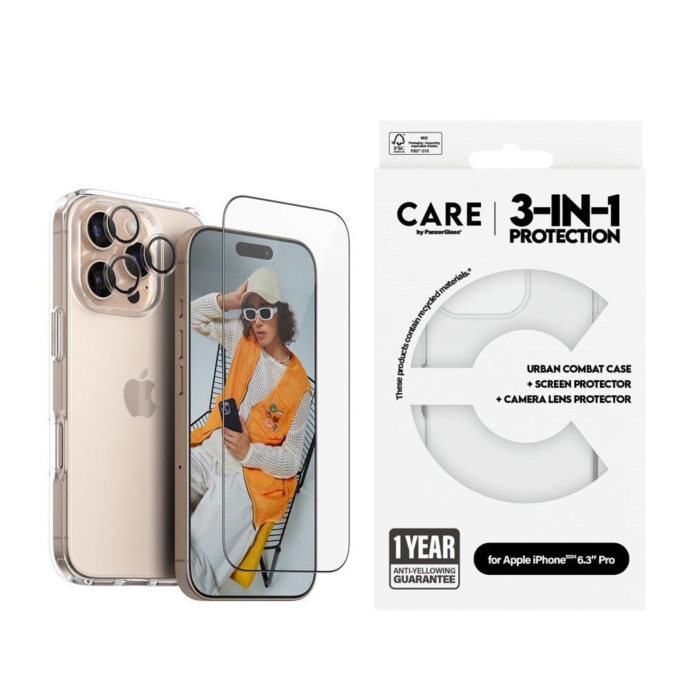 CARE By PanzerGlass iPhone 16 Pro 3-i-1 FLAGSHIP Bundle - Skjermbeskytter (UWF) / Bakdeksel / Kamerabeskyttelse - Gjennomsiktig