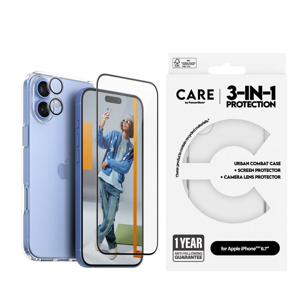 CARE By PanzerGlass iPhone 16 Plus 3-i-1 FLAGSHIP Bundle - Skjermbeskytter (UWF) / Bakdeksel / Kamerabeskyttelse - Gjennomsiktig