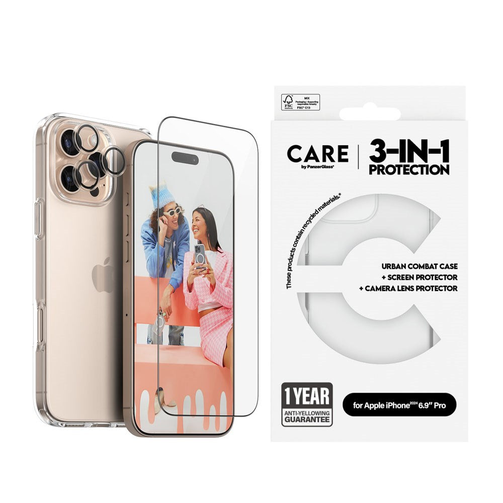 CARE By PanzerGlass iPhone 16 Pro Max 3-i-1 FLAGSHIP Bundle - Skærmbeskyttelse (UWF) / Bagsidecover / Kamerabeskyttelse - Gennemsigtig