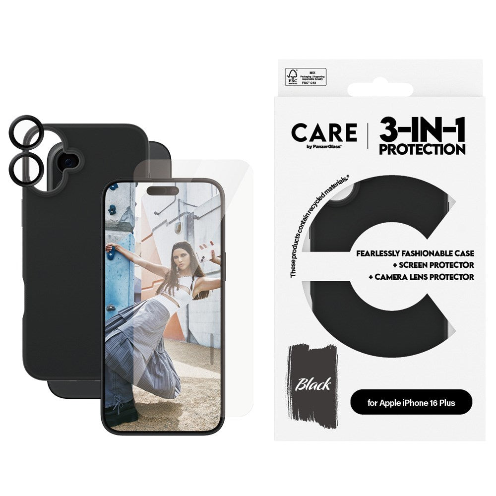 CARE By PanzerGlass iPhone 16 Plus 3-i-1 FASHION Bundle - Skjermbeskytter (UWF) / Bakdeksel / Kamerabeskyttelse - Gjennomsiktig / Svart