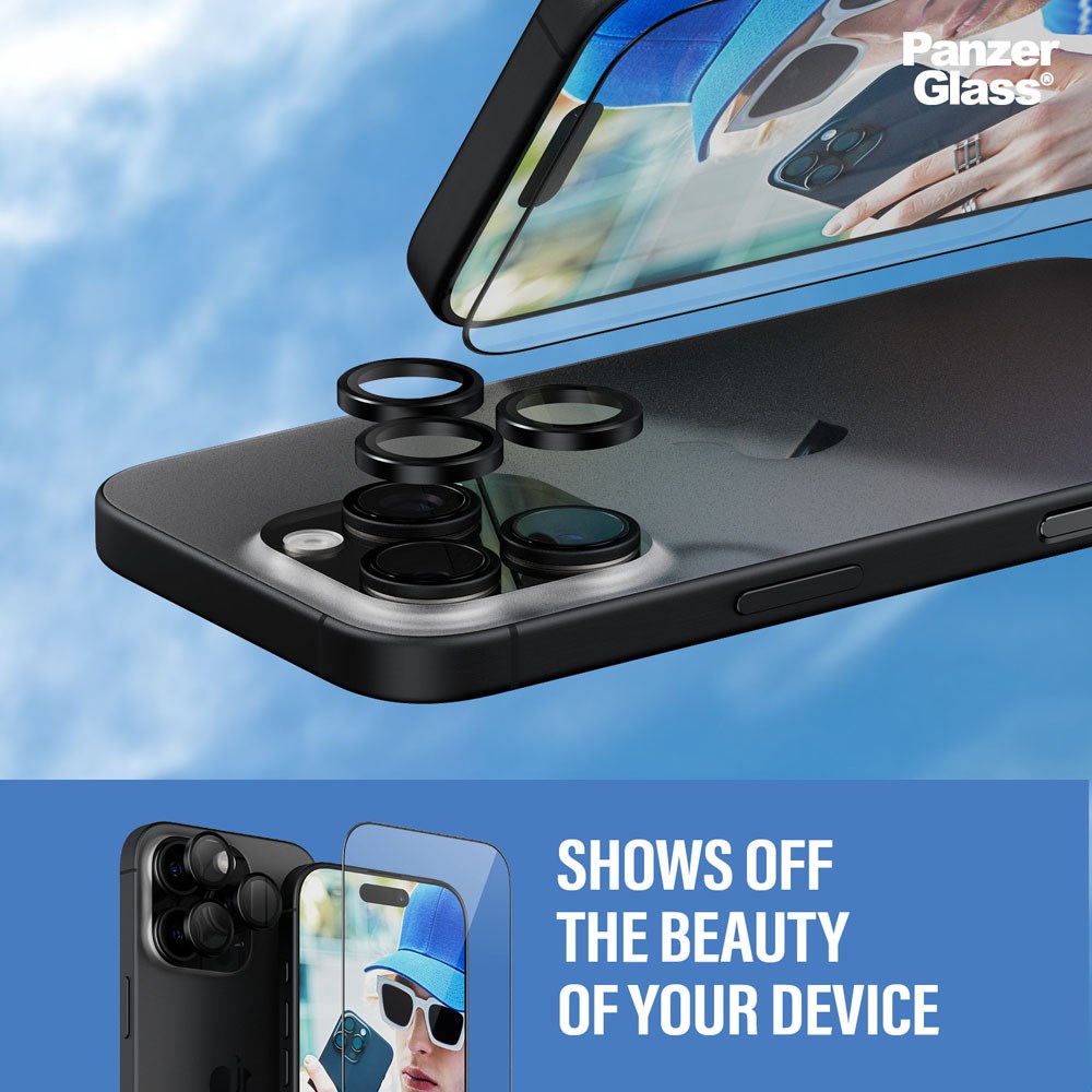 iPhone 16 Pro PanzerGlass 2-i-1-pakke m. EasyAligner - Skjermbeskytter / Kamerabeskytter - Gjennomsiktig / Svart