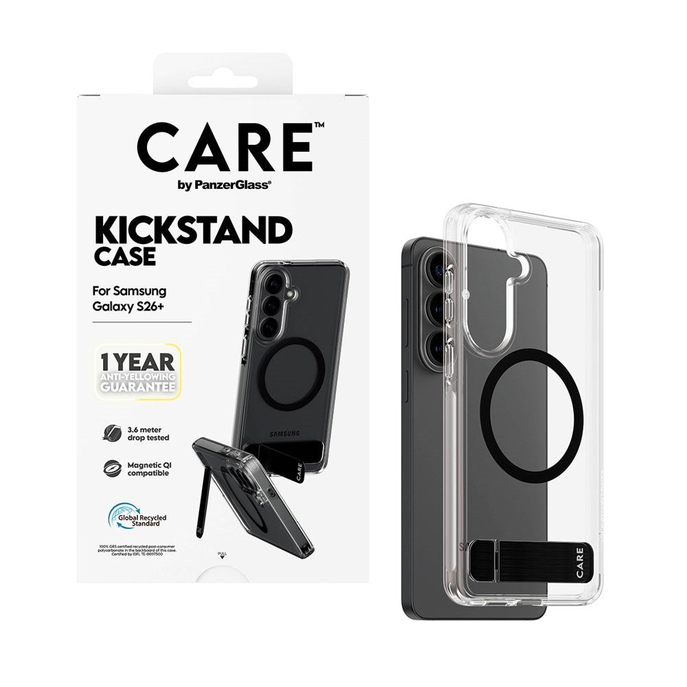 Samsung Galaxy S26+ (Plus) CARE by PanzerGlass Feature Kickstand Cover - Qi Kompatibel - Transparent / Black