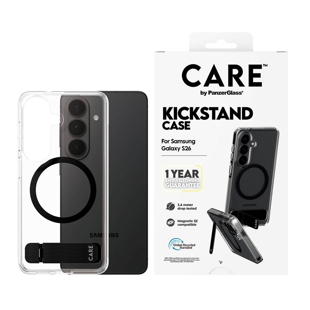Samsung Galaxy S26 CARE by PanzerGlass Feature Kickstand Cover - Qi Kompatibel - Transparent / Black