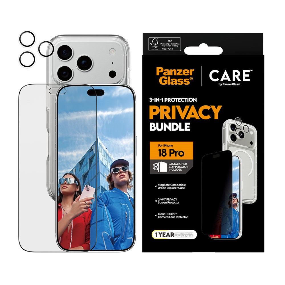 iPhone 18 Pro - CARE by PanzerGlass - 3-i-1 FLAGSHIP Bundle - Cover / Privacy Skærmbeskyttelse (UWF) / Kamerabeskyttelse - Gennemsigtig / Sort