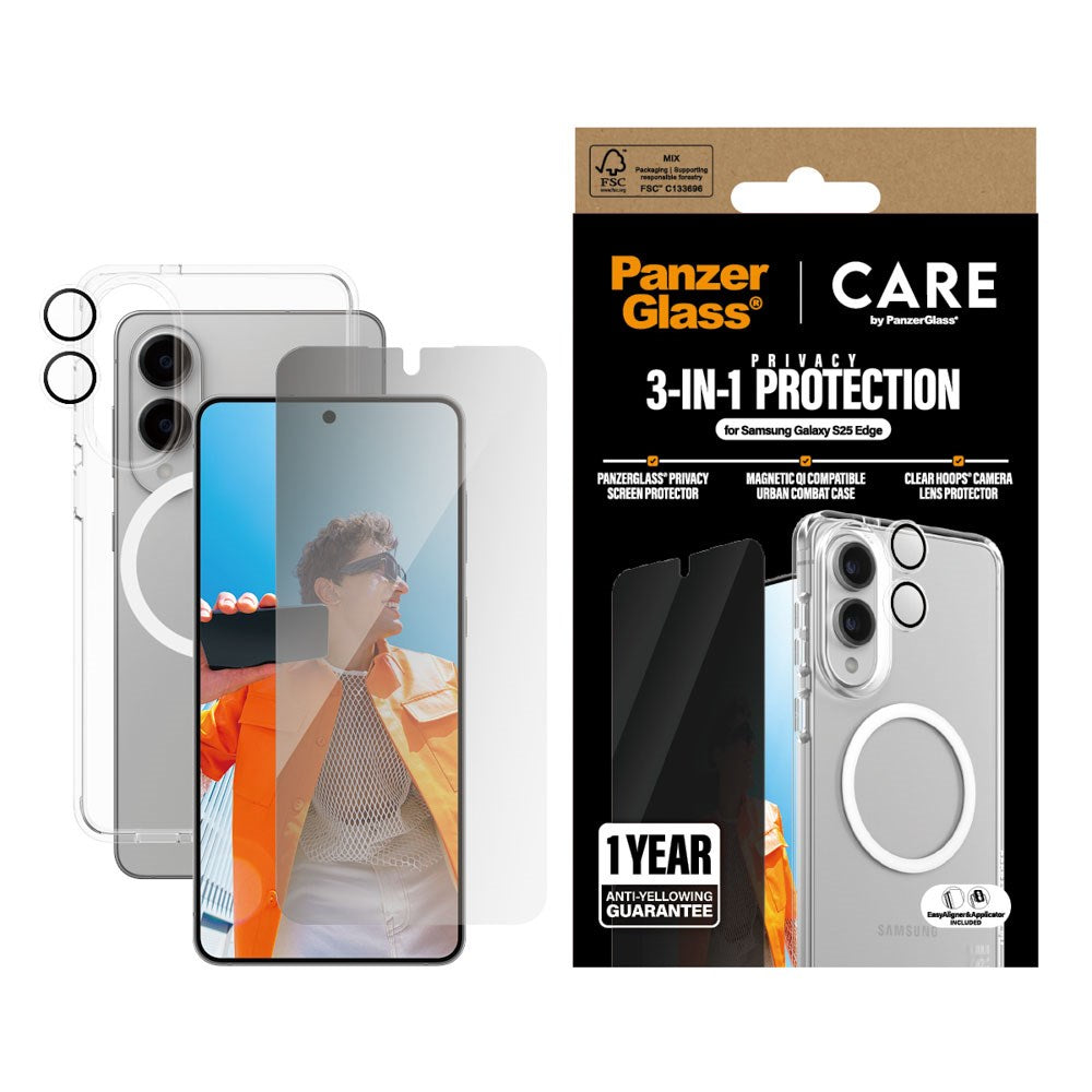 Samsung Galaxy S25 Edge - CARE by PanzerGlass 3-i-1 FLAGSHIP Bundle - Cover / Privacy Skærmbeskyttelse (UWF) / Kamerabeskyttelse - Gennemsigtig / Hvid